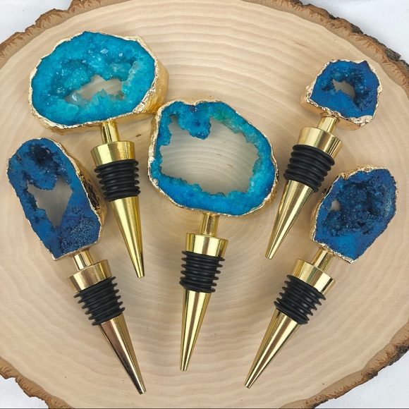 Blue Crystal Quartz Druzy Geode gold plated wine bottle stopper topper stone - Picture 7 of 11